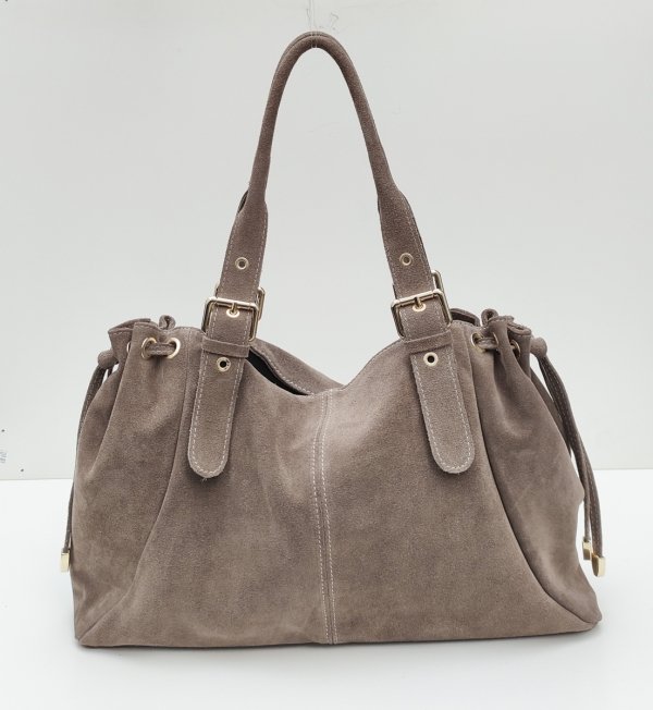 Zamszowa torebka z troczkiem skóra naturalna Vera Pelle taupe