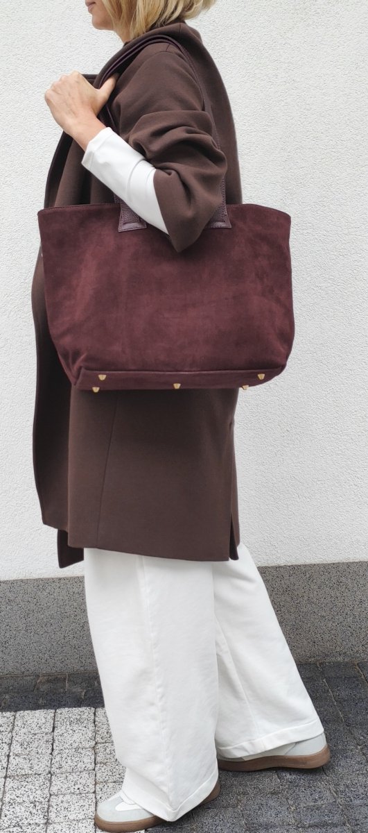 Torebka shopper zamszowa Vera Pelle skóra bordowa Laura Biaggi