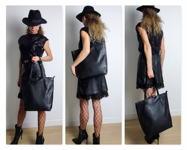 Vera Pelle torebka shopper skóra naturalna czarna Laura Biaggi