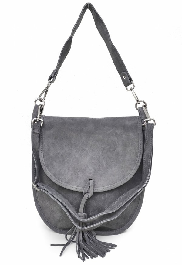 Zamszowa listonoszka torebka szara z frędzlem vera pelle