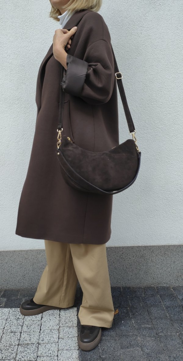 Zamszowa czekoladowa torebka worek listonoszka skóra naturalna vera pelle