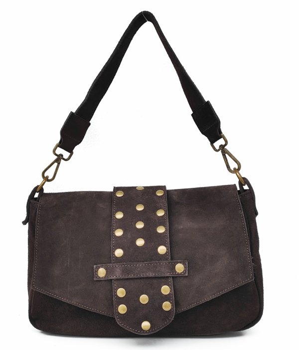 Zamszowa czekoladowa torebka listonoszka z ćwiekami