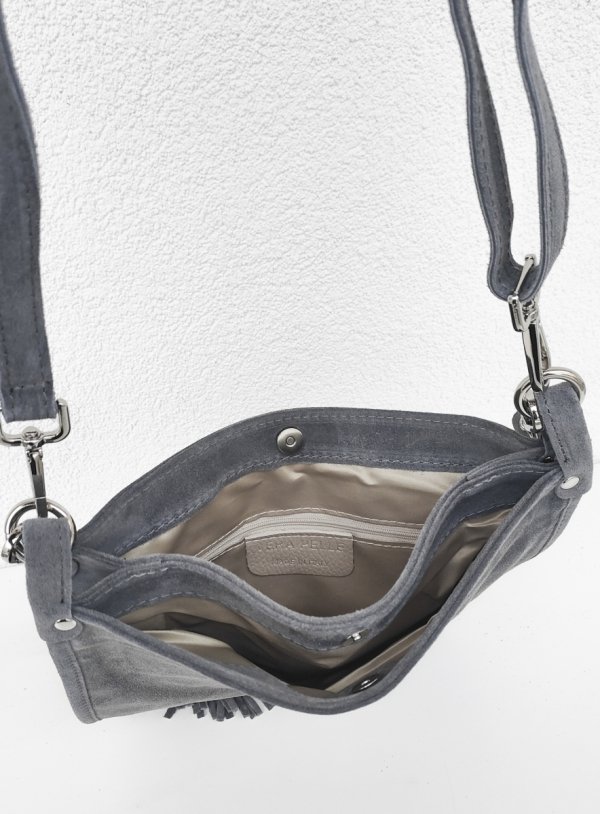 Zamszowa listonoszka torebka szara z frędzlem vera pelle