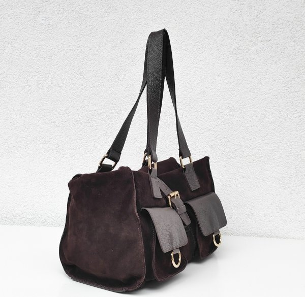 Torebka shopper zamszowa Vera Pelle skóra czekoladowa