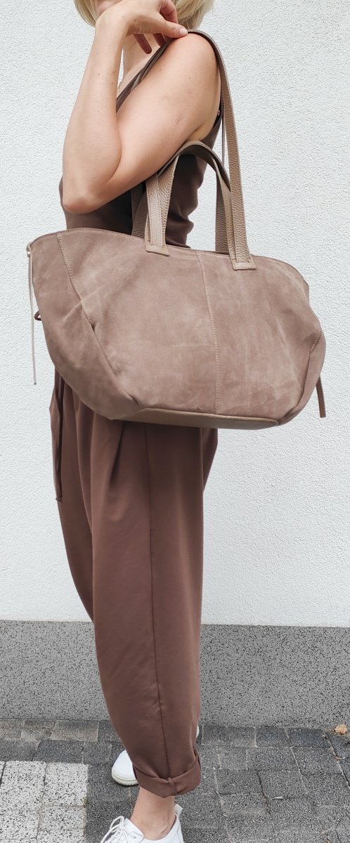 Torebka shopper zamszowa Vera Pelle skóra beżowa taupe