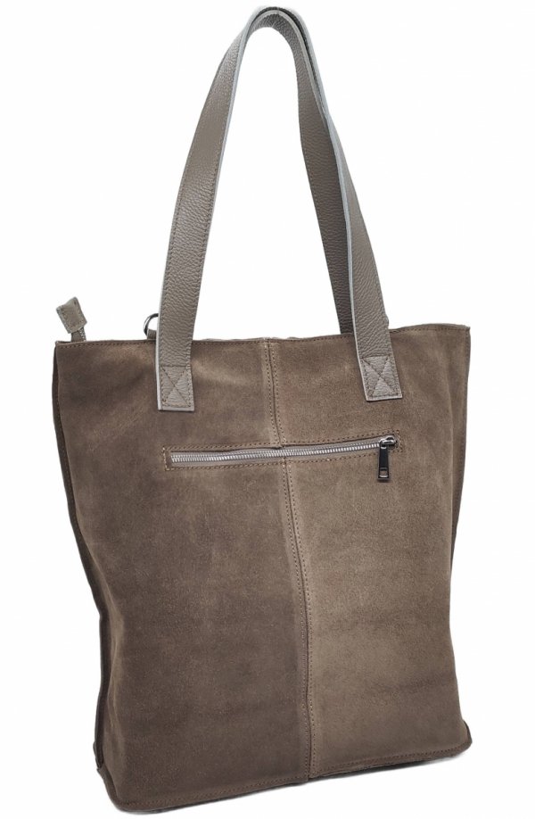 Zamszowa torebka shopper skórzana Vera Pelle beżowa taupe do pracy szkoły