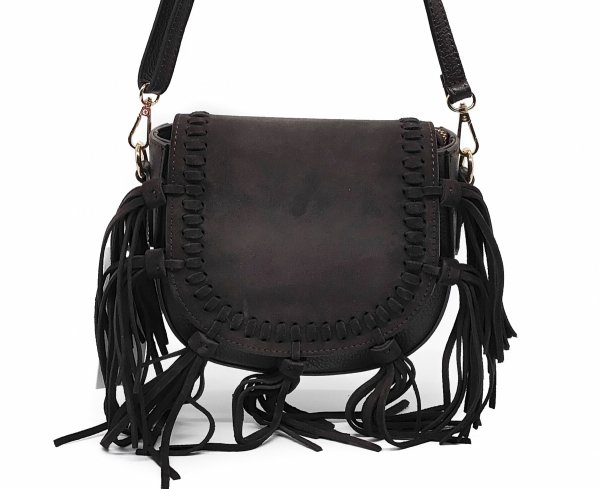 Zamszowa torebka listonoszka skóra brązowa czekoladowa frędzle