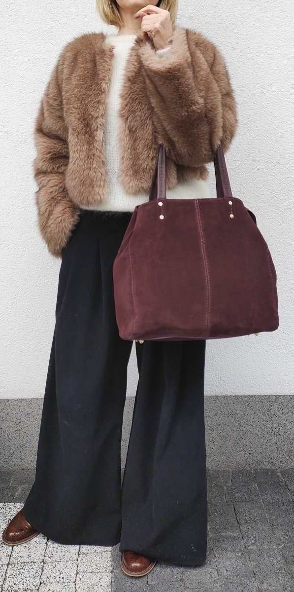 Zamszowa bordowa torebka shopper