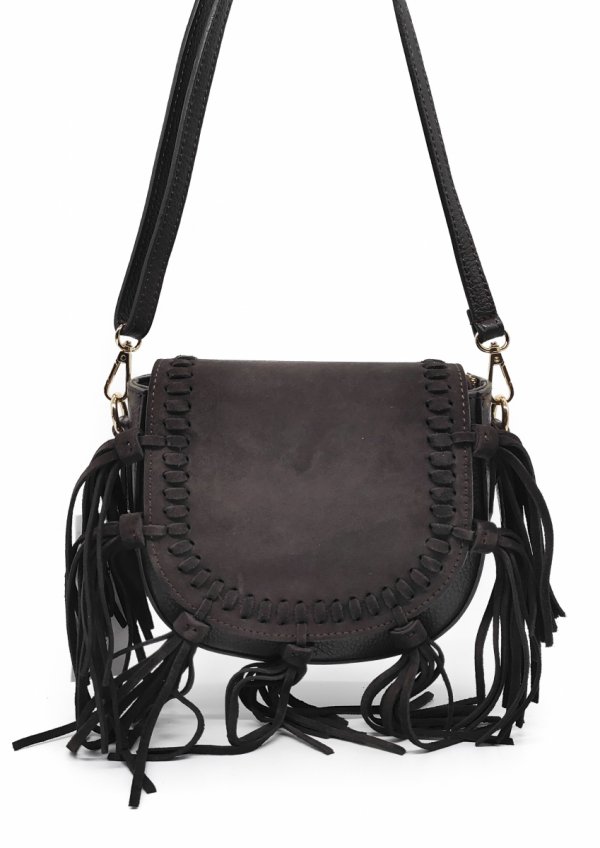 Zamszowa torebka listonoszka skóra brązowa czekoladowa frędzle