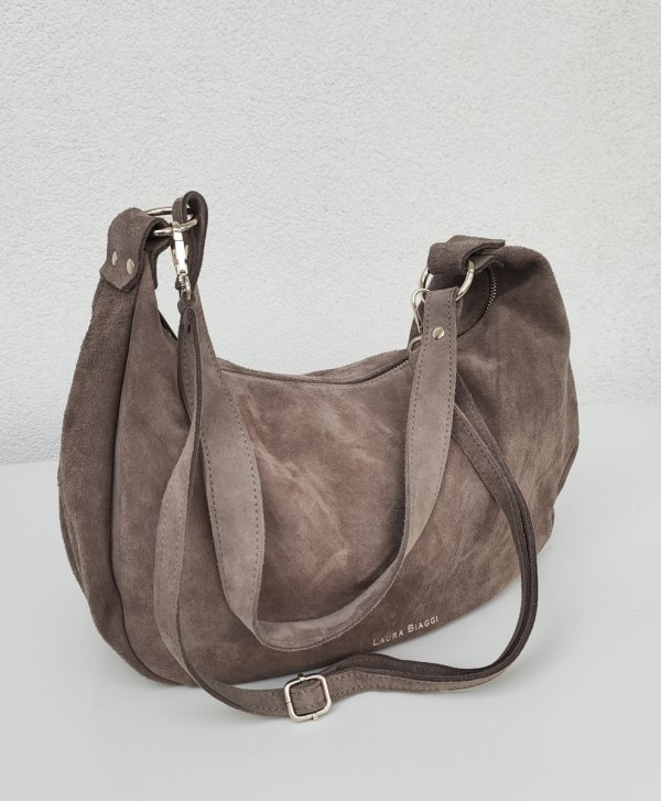 Torebka worek zamszowa Vera Pelle skóra brązowa mocha Laura Biaggi