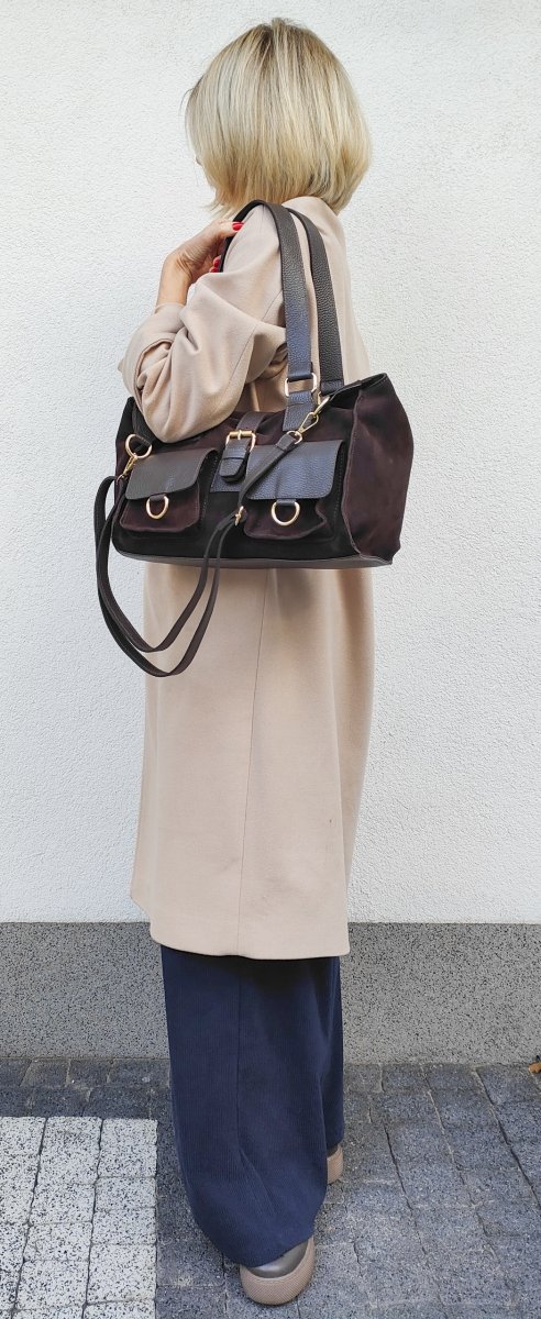 Torebka shopper zamszowa Vera Pelle skóra czekoladowa