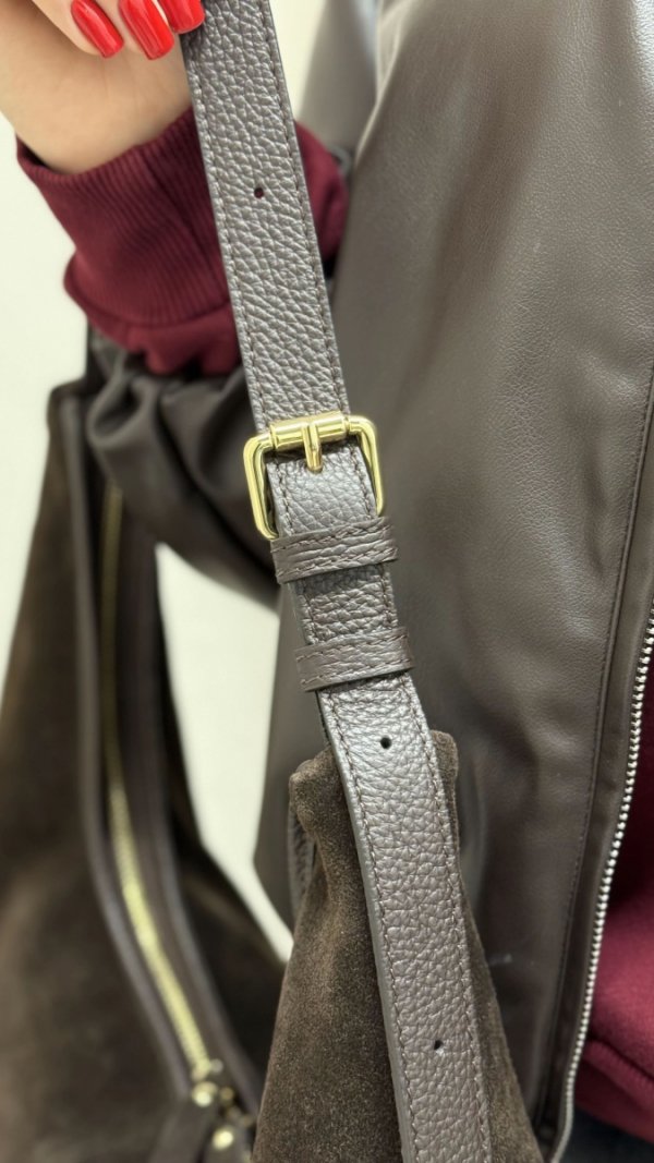 Zamszowy czekoladowy worek skóra naturalna Laura Biaggi