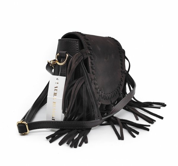 Zamszowa torebka listonoszka skóra brązowa czekoladowa frędzle