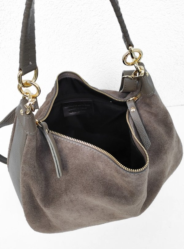 Beżowa taupe zamszowa listonoszka worek skóra naturalna