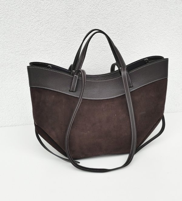 Vera Pelle Czekoladowa brązowa torebka Shopperka do ręki na ramie