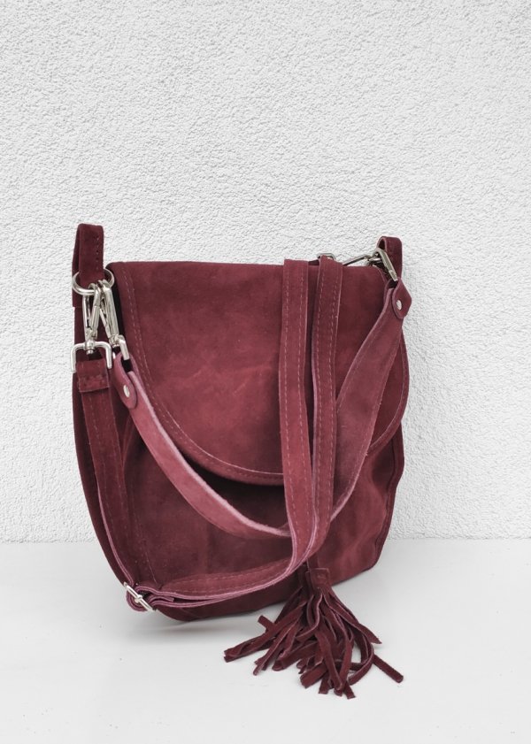 Zamszowa bordowa listonoszka torebka z frędzlem