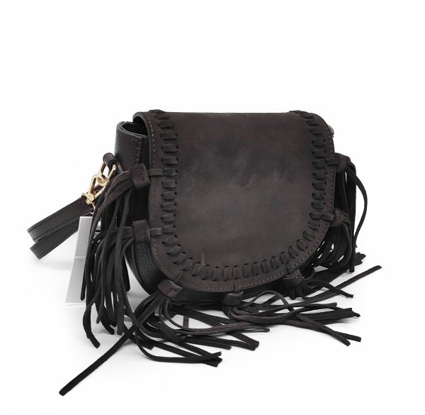 Zamszowa torebka listonoszka skóra brązowa czekoladowa frędzle