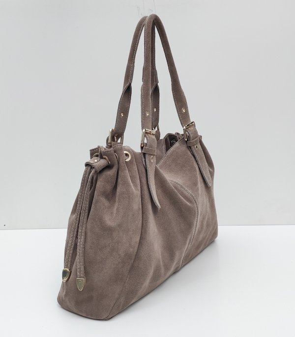 Zamszowa torebka z troczkiem skóra naturalna Vera Pelle taupe