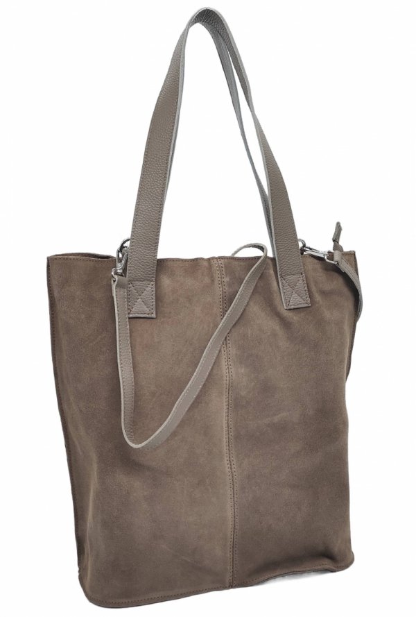 Zamszowa torebka shopper skórzana Vera Pelle beżowa taupe do pracy szkoły