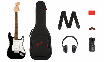 Squier Affinity Series Stratocaster Mustang Micro Pack Laurel Fingerboard Black Gig Bag 