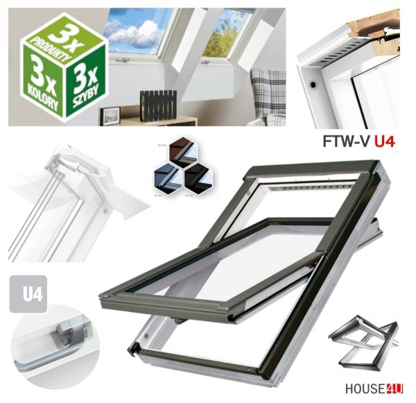 Dachfenster Fakro FTW-V U4 Schwingfenster aus weiß lackiertem Holz PU-Kunststoff-Lack (x2), Dauerlüftung V40P, topSafe-System Uw: 1,1 Polyurethan-Kunststofflack Dreifach