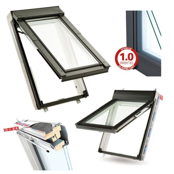 Dachfenster Keylite Polar Klapp-Schwingfenster FT FE ATG Uw=1,1 weiß 3-Fach Verglasung Fluchtwegsfenster 0 – 45 ̊ offen,
