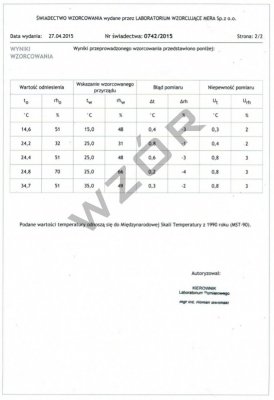 Świadectwo wzorcowania termometru pirometru SW-5 rejestratora temperatury bez akredytacji PCA