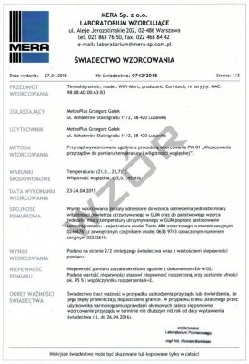 Świadectwo wzorcowania termometru pirometru SW-5 rejestratora temperatury bez akredytacji PCA