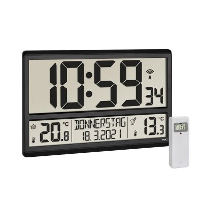 TFA 60.4521.01 zegar elektroniczny ścienny biurowy sterowany radiowo DCF z czujnikiem zewnętrzym  duży 36 cm