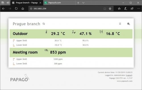 Papouch PAPAGO TH CO2 ETH moduł pomiarowy internetowy wieloparametrowy zasilanie PoE Modbus TCP, Ethernet, LAN, IP