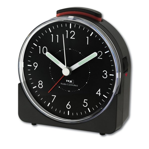 TFA 60.1513.01 budzik biurkowy zegar wskazówkowy sterowany radiowo płynąca wskazówka, czarny