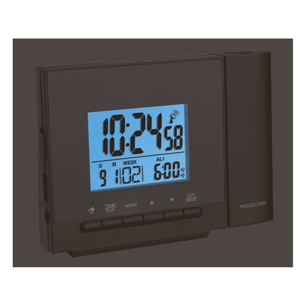 TFA 60.5013.01 budzik biurkowy zegar elektroniczny sterowany radiowo z termometrem i projektorem, czarny