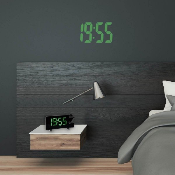 TFA 60.5015.04 budzik biurkowy zegar elektroniczny sterowany radiowo z termometrem i projektorem, zielone cyfry, duże cyfry