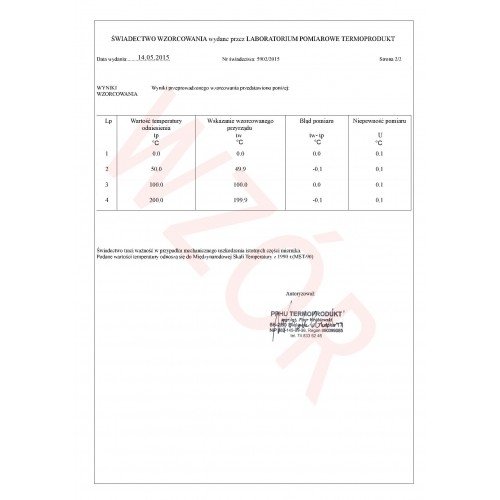 Świadectwo wzorcowania termohigrometru w laboratorium producenta bez akredytacji PCA