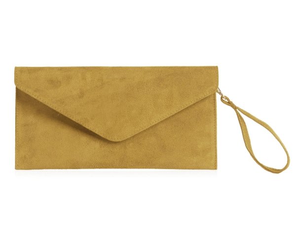 Skórzana włoska torebka wizytowa kopertówka Solome L1 żółty musztardowy zamsz do ręki