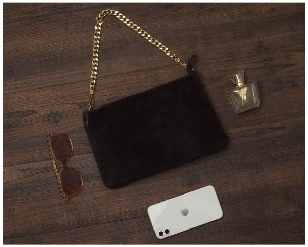 Damska skórzana kopertówka torebka wizytowa Solome Inka brązowa zamsz plener