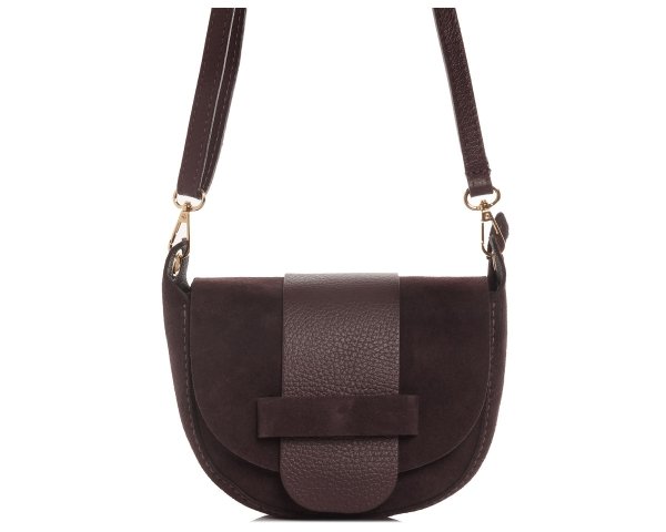 Brązowa skórzana listonoszka torebka damska na ramię zamszowa przód