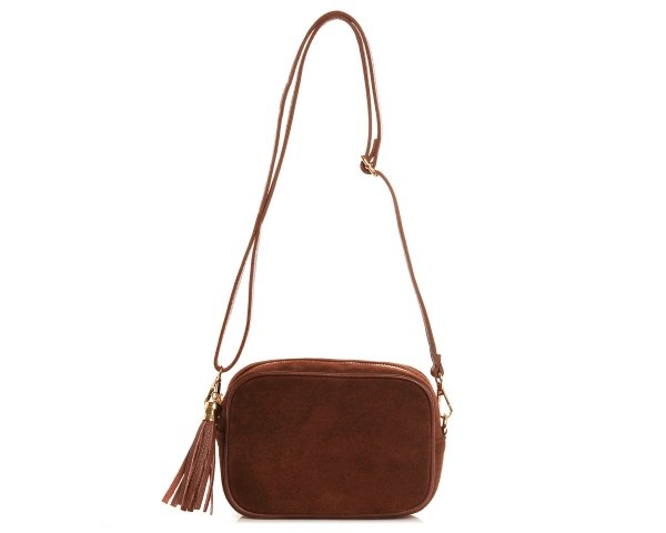 Damska skórzana torebka wizytowa listonoszka Solome Madeira koniakowa zamszowa na pasku