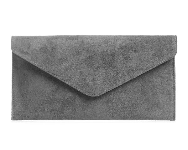 Skórzana włoska torebka wizytowa kopertówka Solome L1 szara zamsz przód