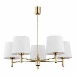 Żyrandol w kolorze złotym aksamitny biały abażur lampa wisząca 5 płomienna kwintesencja elegancji i stylu PONTE PLUS 2106 Argon 