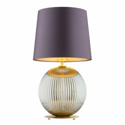 Złota lampa stołowa lampka nocna elegancka szara kula ryflowana szkło śliwkowy abażur satyna mosiądz szczotkowany HAMILTON 8532 Argon
