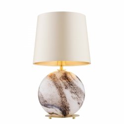 Alabastrowa lampa stołowa lampka nocna z dużym beżowym abażurem satyna biało-brązowy marmurek szkło HARLEM 8547 Argon 