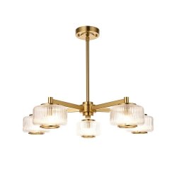 Dekoracyjny plafon sufitowy pięciopłomienny designerski szklane klosze prążkowe mosiądz Stamford 120635 ENDON