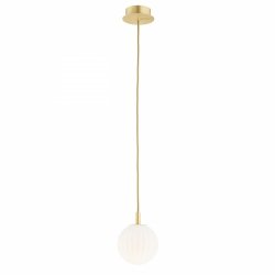 Lampa wisząca minimalistyczna biała kula opal mat 12cm ryflowane mleczne szkło złote mosiężne dodatki PALOMA 8506 Argon
