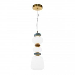 Designerska złota lampa wisząca LED dekoracyjne elementy z ceramiki szklane białe klosze EVANS PND-94981V-3B-GD Italux nad wyspę stół Art Deco