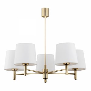 Żyrandol w kolorze złotym aksamitny biały abażur lampa wisząca 5 płomienna kwintesencja elegancji i stylu PONTE PLUS 2106 Argon 