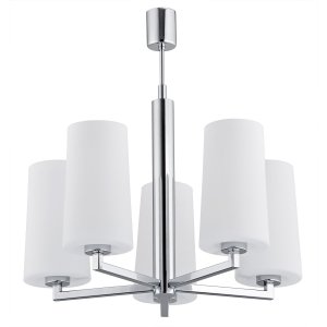 Eklektyczny stylowy stalowy żyrandol minimalistyczny chromowany stelaż białe klosze szkło 5-płomienny CAMELOT 2053 Argon