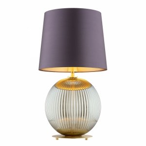 Złota lampa stołowa lampka nocna elegancka szara kula ryflowana szkło śliwkowy abażur satyna mosiądz szczotkowany HAMILTON 8532 Argon