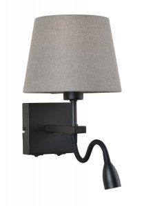 CZARNY KINKIET HOTELOWY Z SZARYM ABAŻUREM ITALUX NORTE WL-1122-2-BL-BM-RO-GR NOWOCZESNY Z LAMPKĄ LED DO CZYTANIA