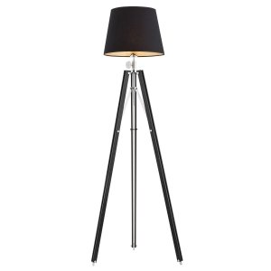 Loftowa drewniana lampa stojąca podłogowa czarna z podstawą w stylu statywu z czarnym tkaninowym abażurem ASTER 3357 Argon